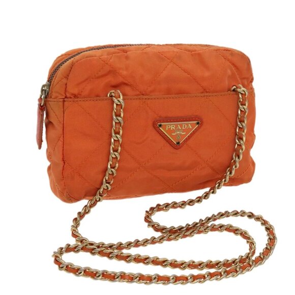 PRADA Chain Shoulder Bag Nylon Orange Gold - Picture 1 of 15